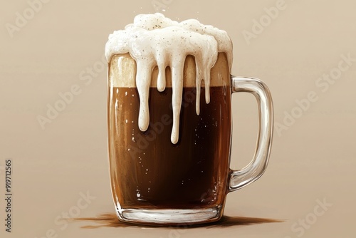 A frosty glass mug filled with creamy root beer, with foam overflowing the top and condensation dripping down the sides photo