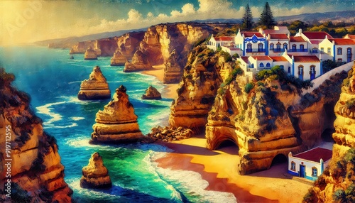 A serene Portuguese coastline at Algarve, feature dramatic limestone cliffs, hidden coves and vibrant cottages