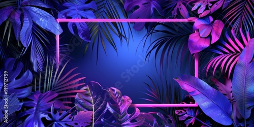 illustration with neon purple frame and tropical vegetation