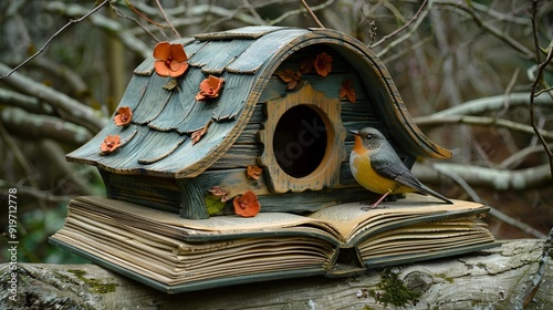 A creative birdhouse constructed from an open book.