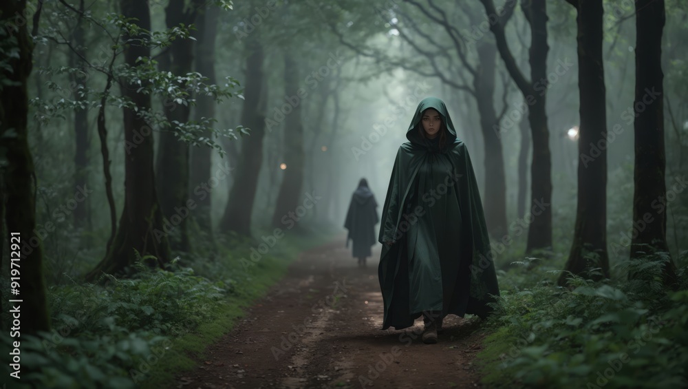 A womans walks in the forest, a gloomy forest path. A womans walks in the forest, a gloomy forest path.