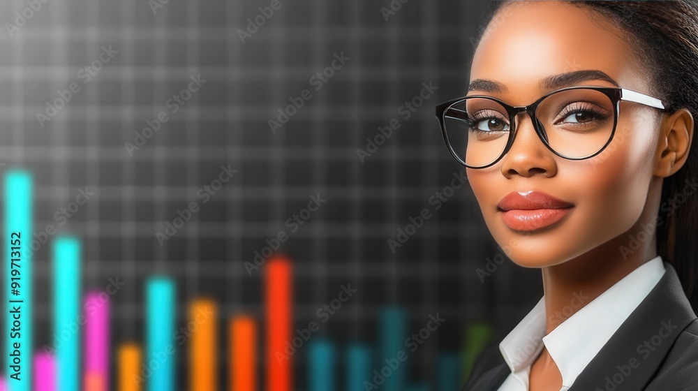 black female executive standing in front of a financial chart white board, woman, copy space black female executive standing in front of a financial chart white board, woman, copy space