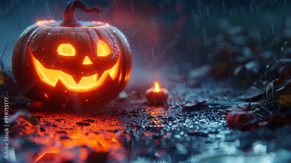 Naklejka premium A glowing pumpkin with glowing eyes and a crooked smile arc forms a component of the halloween night celebration