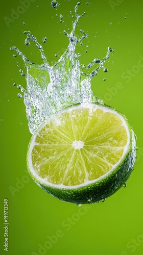 Fresh lime splashing in water against a green background.