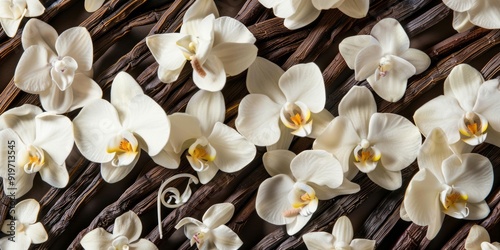 An assortment of vanilla orchid flowers and vanilla sticks