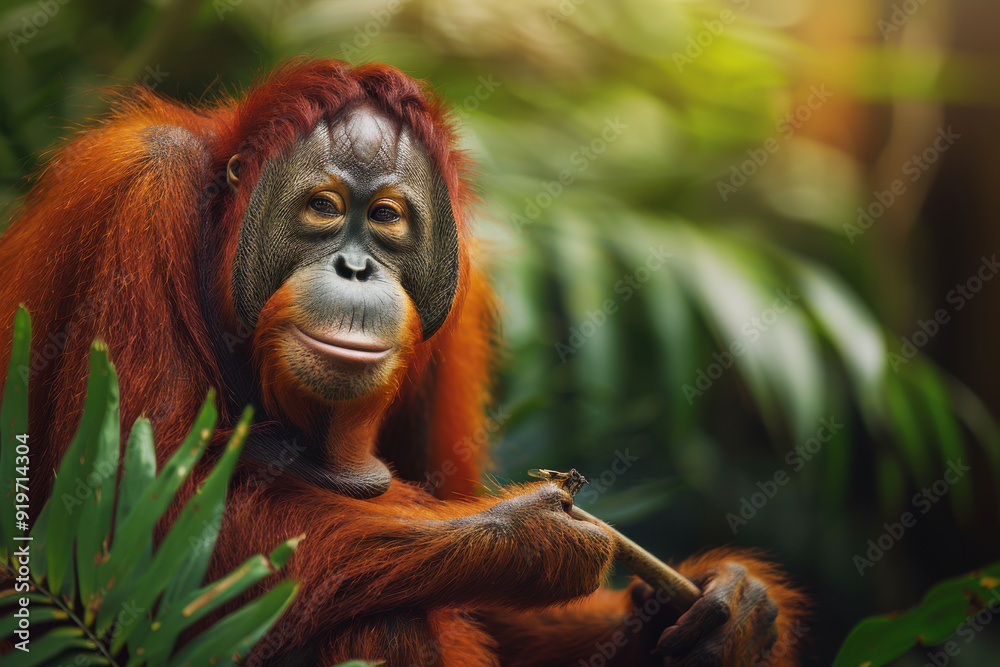 Obraz premium A serene orangutan sits among lush greenery, showcasing its expressive face and rich, vibrant fur in a peaceful natural setting.