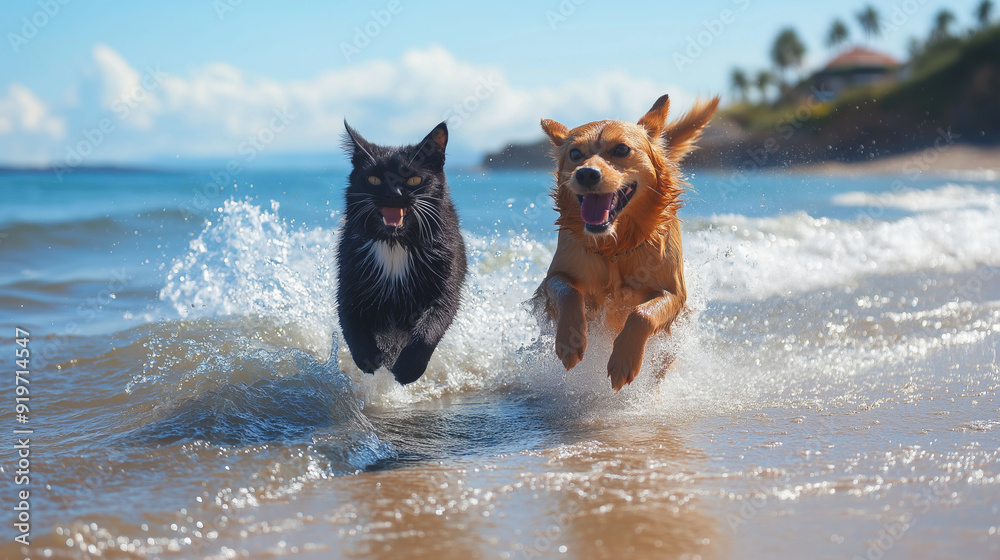 Black cat and Golden Retriever run through ocean waves.