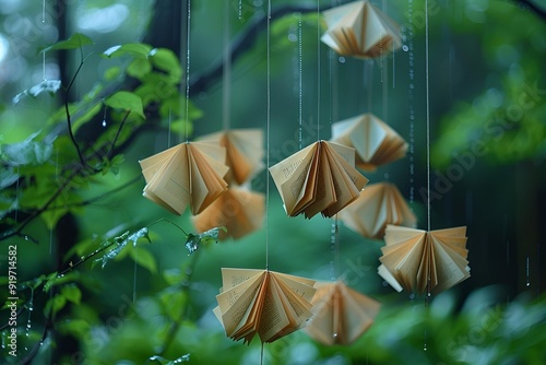 Colorful origami paper flowers suspended from tree branches.