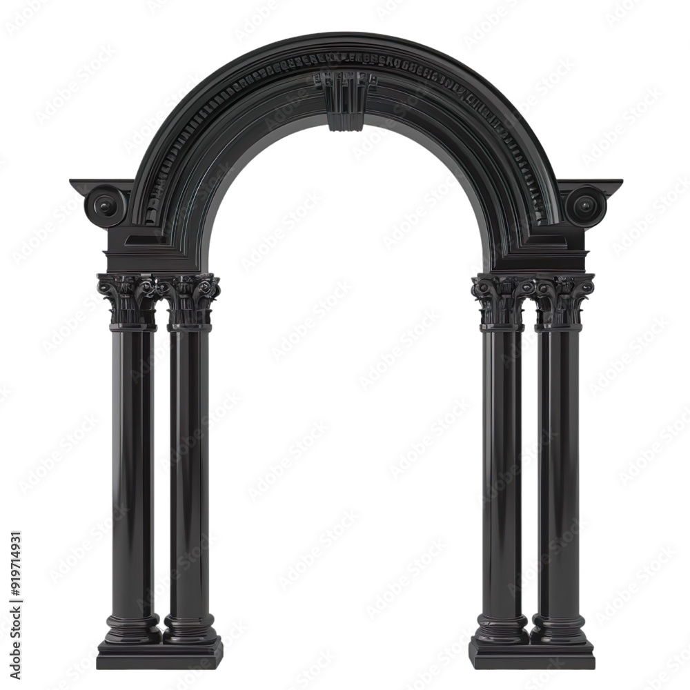 Fototapeta premium A Black classic arch, arcade with Corinthian columns, Doric pilasters isolated on white 3D illustration Isolated on transparent background.