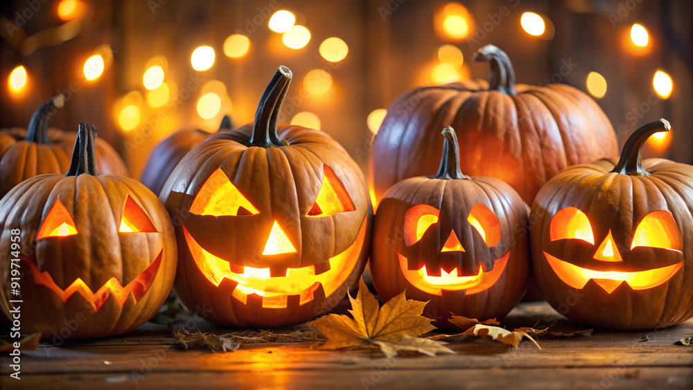 Fototapeta premium Glowing Jack-o'-Lanterns with Autumn Leaves and Warm Bokeh Lights for Halloween