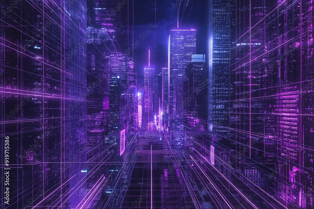 A cityscape with buildings and streets in a purple hue, synthwave background A cityscape with buildings and streets in a purple hue, synthwave background