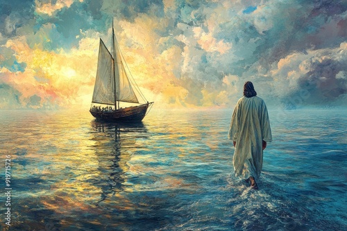 Jesus Christ walking on water toward a fishing boat.