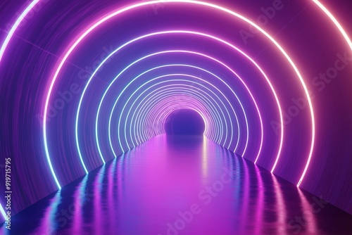 A neon colored tunnel with purple and pink lights