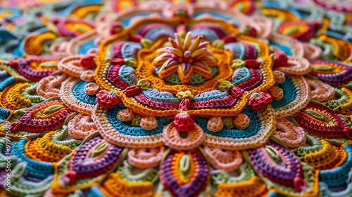 A dazzling crochet mandala displaying a rich tapestry of colors and detailed patterns, epitomizing the elegance and skill of textile artistry.