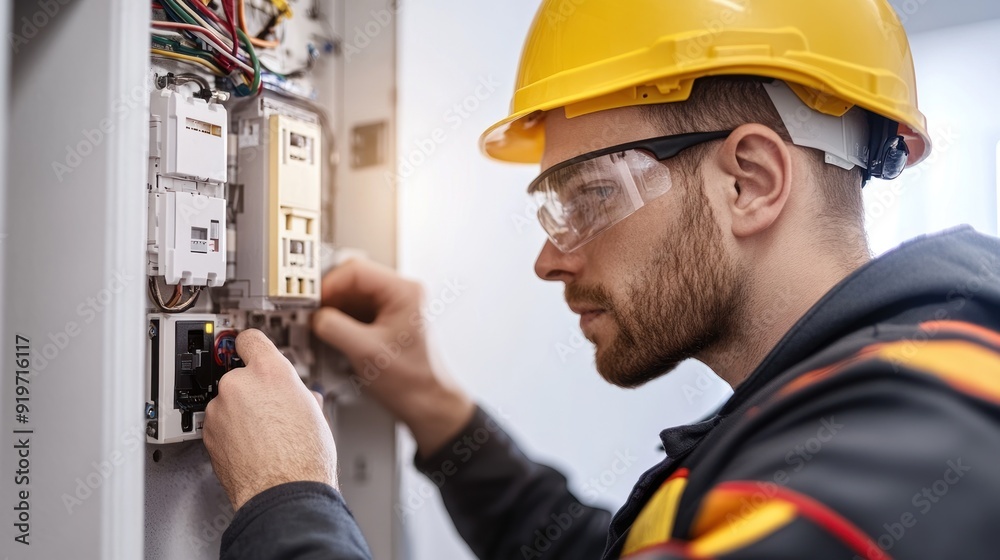Electrician Working on an Electrical Panel Electrician Working on an Electrical Panel