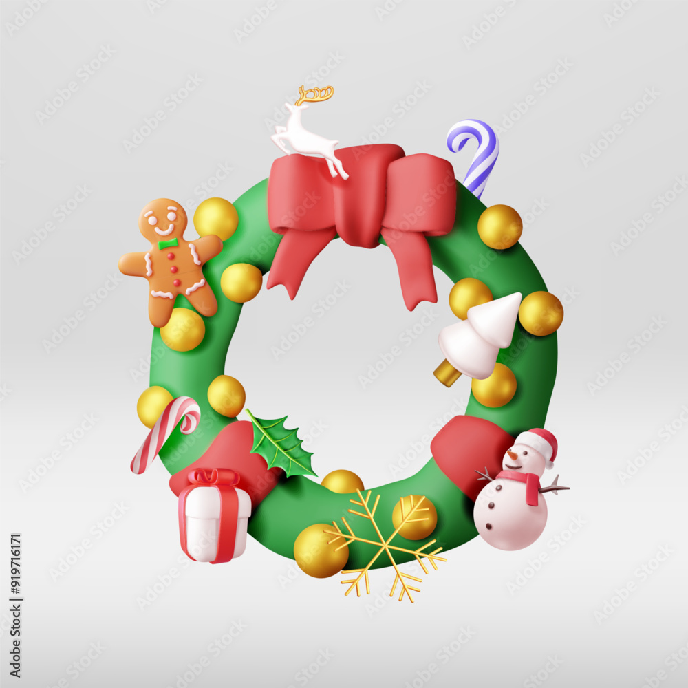 Obraz premium 3D decorated christmas wreath. Render fir evergreen wreath with holly leaves, baubles, gift boxes, gingerbread man. New year decoration. Christmas holiday. New year xmas. Vector illustration