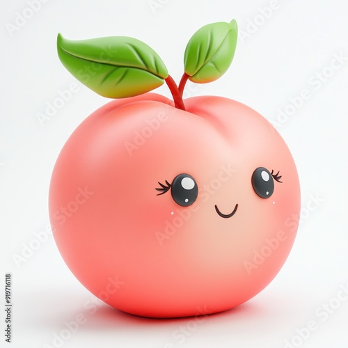 A cute, cartoonish peach with a smiling face and green leaves.