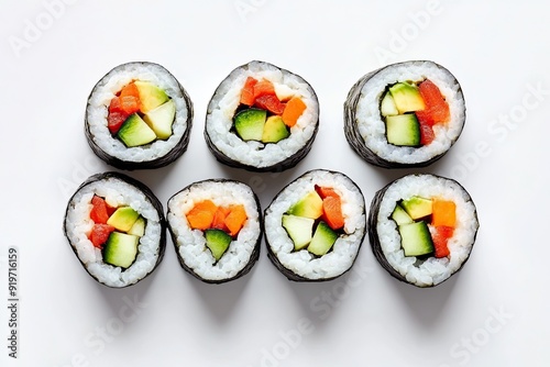 Veggie sushi rolls with avocado and cucumber isolated on a white, top view