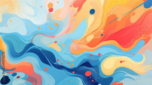 Vibrant and colorful abstract artwork. It features a dynamic flow of shapes and forms that create movement across the canvas. Swirling patterns.