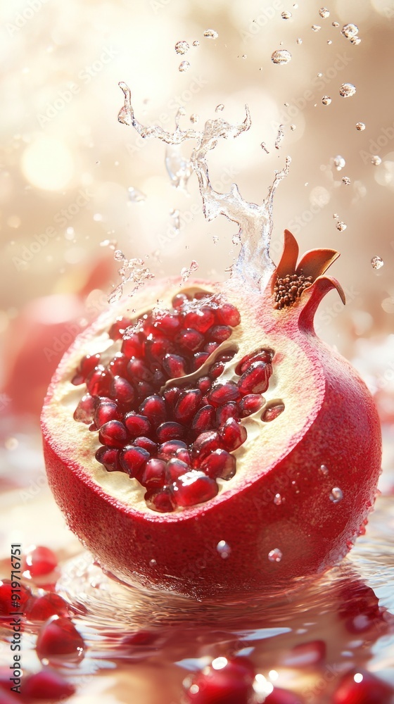 A half-cut pomegranate is submerged in water, creating a splash and ripples. A half-cut pomegranate is submerged in water, creating a splash and ripples.