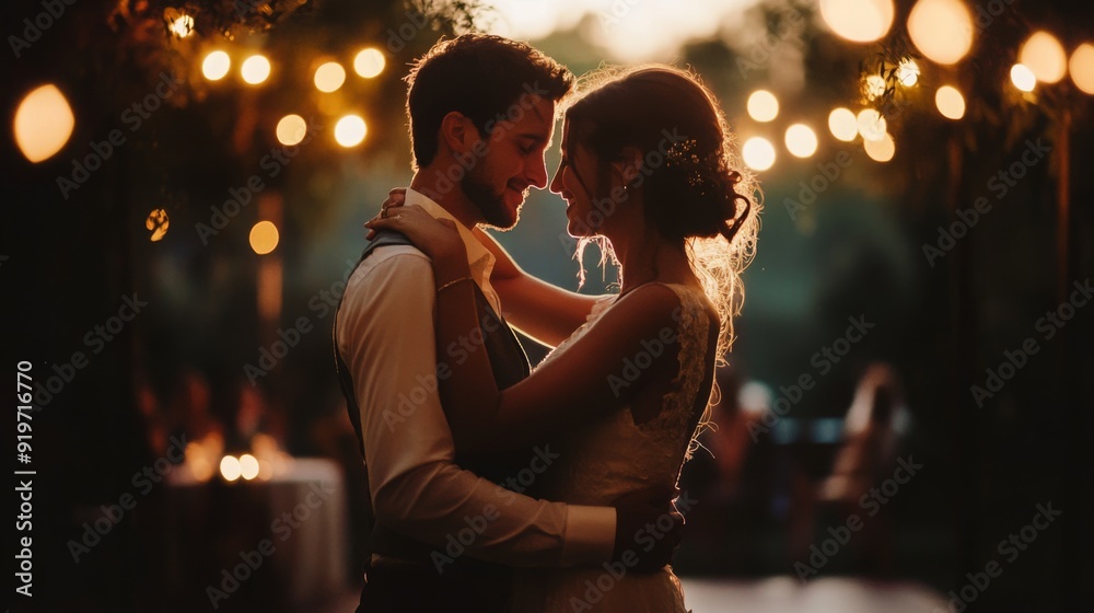 A couple shares a tender moment while dancing closely amid glowing string lights during an enchanting evening wedding celebration. A couple shares a tender moment while dancing closely amid glowing string lights during an enchanting evening wedding celebration.