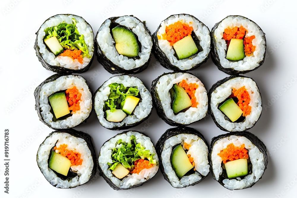 Veggie sushi rolls with avocado and cucumber isolated on a white, top view Veggie sushi rolls with avocado and cucumber isolated on a white, top view