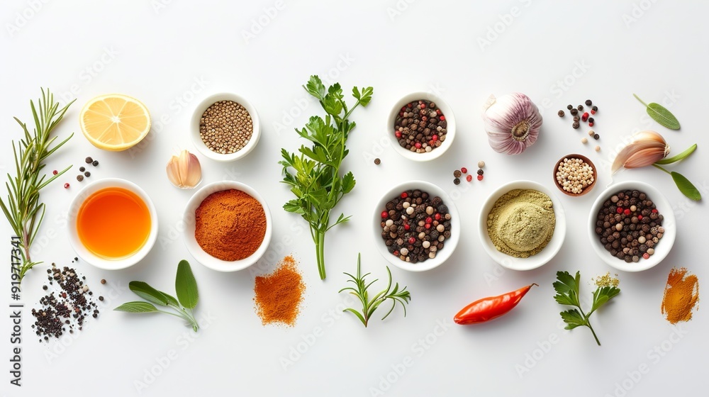 Culinary ingredients arranged side by side over a table, white background Culinary ingredients arranged side by side over a table, white background