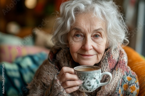 Thoughtful senior woman holding a tea cup at home, Generative AI