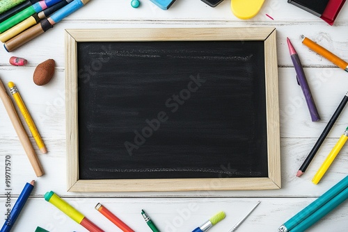 School education concept wiith black slate and school equipment background photo