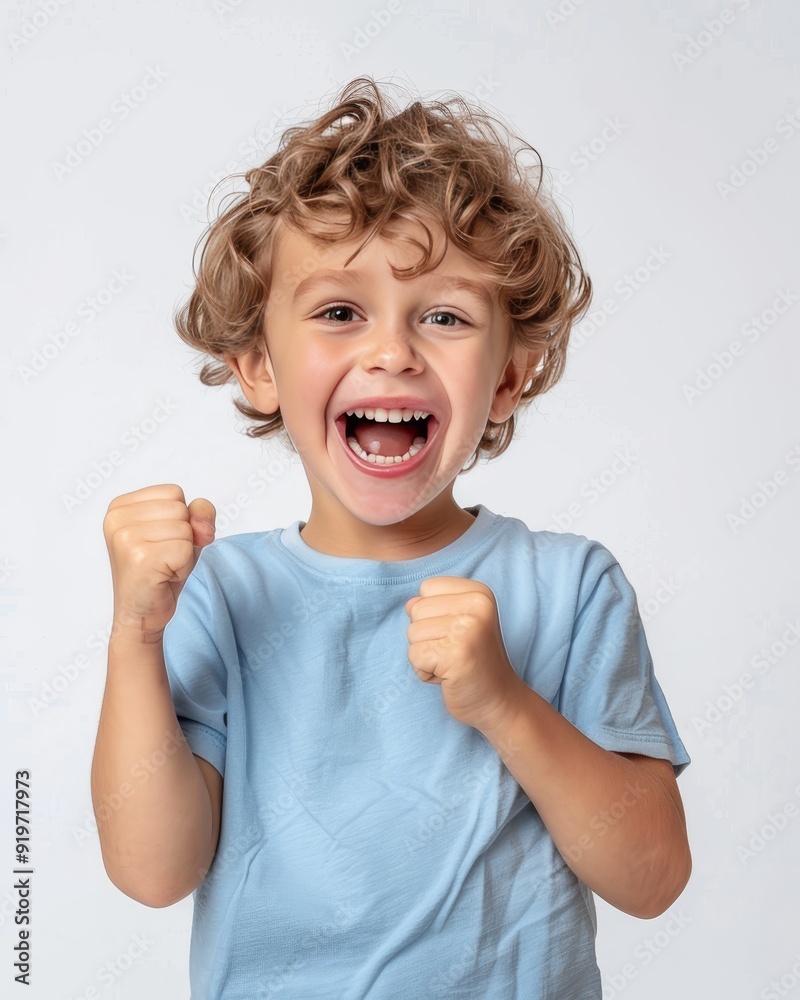Happy young boy with curly hair smiling and cheering, close-up portrait showing excitement and joy, isolated background Happy young boy with curly hair smiling and cheering, close-up portrait showing excitement and joy, isolated background