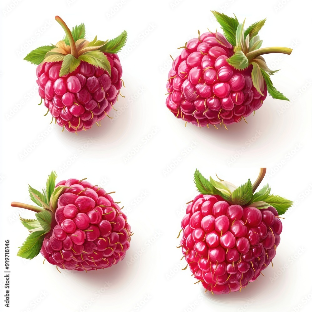 Four ripe raspberries with green leaves on a white background. Four ripe raspberries with green leaves on a white background.