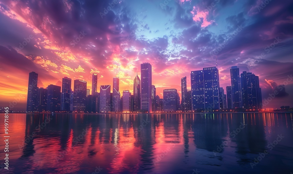 Urban skyline blended with vibrant sunset colors creating a dramatic effect