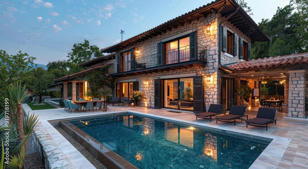 Obraz premium Evening relaxation by the outdoor pool of a beautiful Croatian house