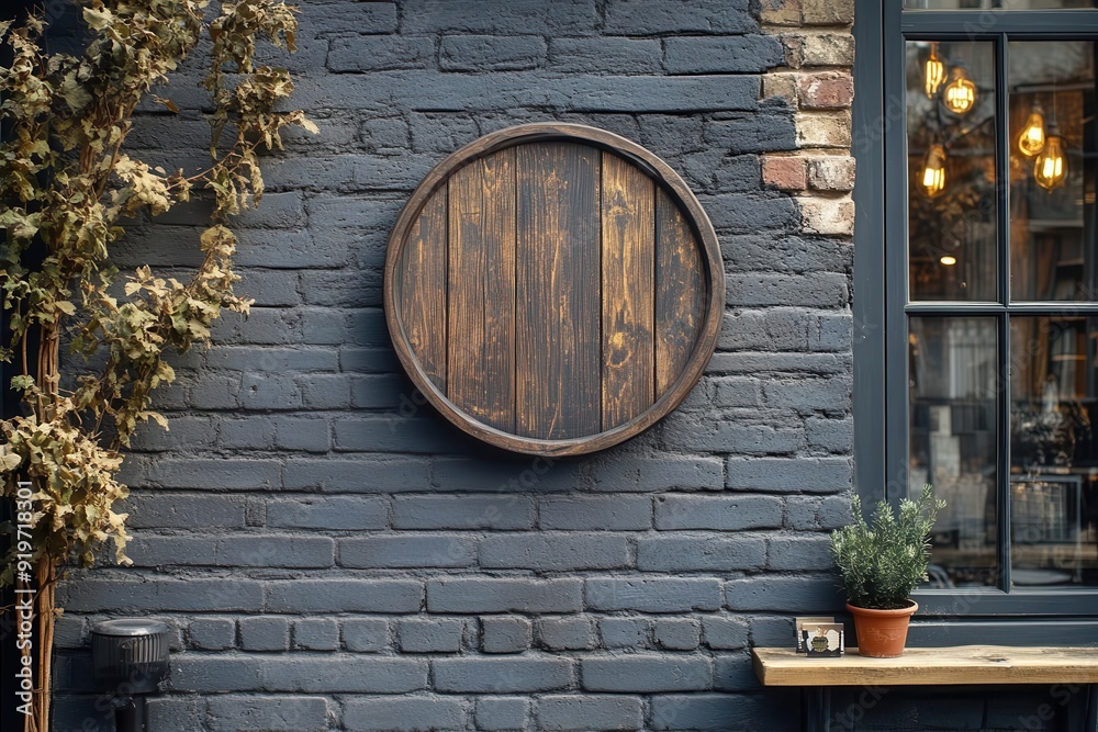 A rustic store signage design mockup is isolated, with an iron badge ...