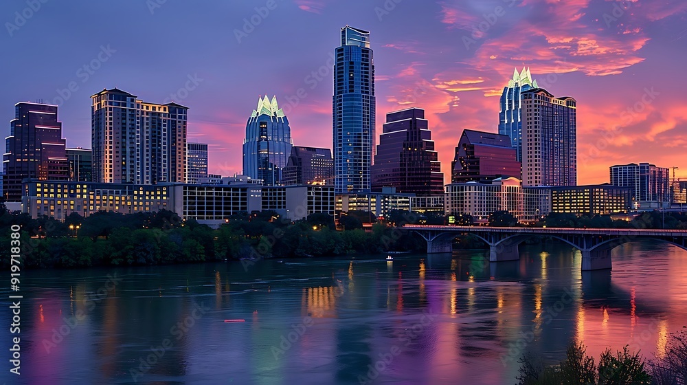 Naklejka premium City Skyline at Dusk Illuminated by Twinkling Lights and Skyscrapers 