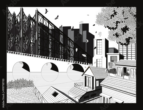 Monochrome two point perspective city design.eps