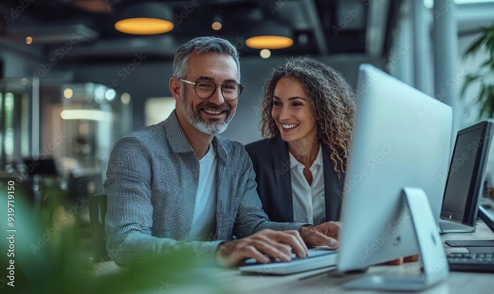 Happy manager and assistant using computer, Generative AI Happy manager and assistant using computer, Generative AI