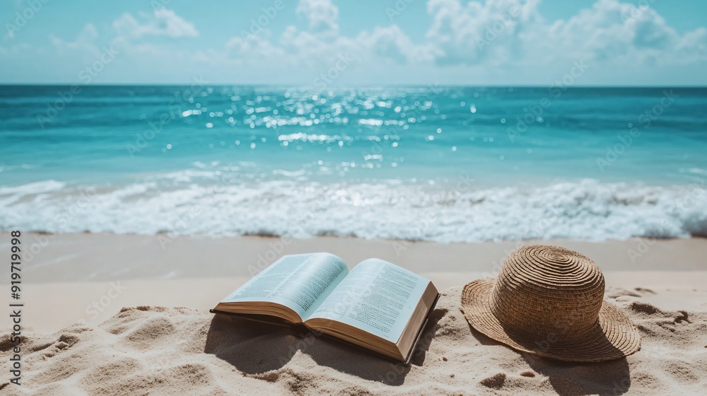 An open book on a sandy beach, with the ocean waves gently rolling in the background and a sunhat placed nearby An open book on a sandy beach, with the ocean waves gently rolling in the background and a sunhat placed nearby