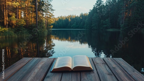 Fototapeta Naklejka Na Ścianę i Meble -  An aerial view of an open book lying on a wooden dock, with a lake and forest in the background, suggesting a peaceful escape into nature