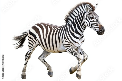 Zebra running and neighing isolated on a white background photo