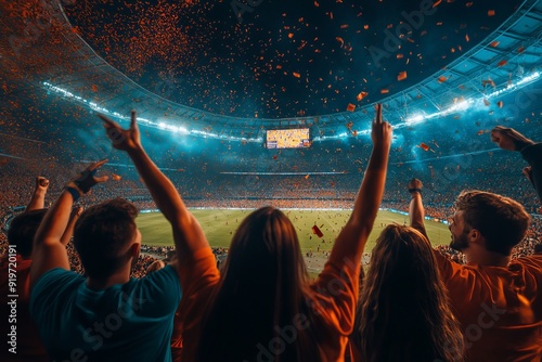 Football fans celebrating a victory in stadium, Generative AI