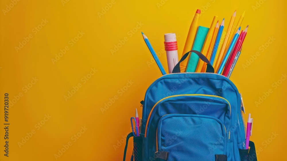 A blue backpack full of notebooks and colorful crayons on a yellow background. A blue backpack full of notebooks and colorful crayons on a yellow background.