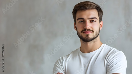 young man in casual white t-shirt on light grey background