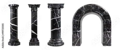 Black Marble Composite Arch and Pillar Isolated on transparent background. 3d rendering. Black Marble Column Pedestal