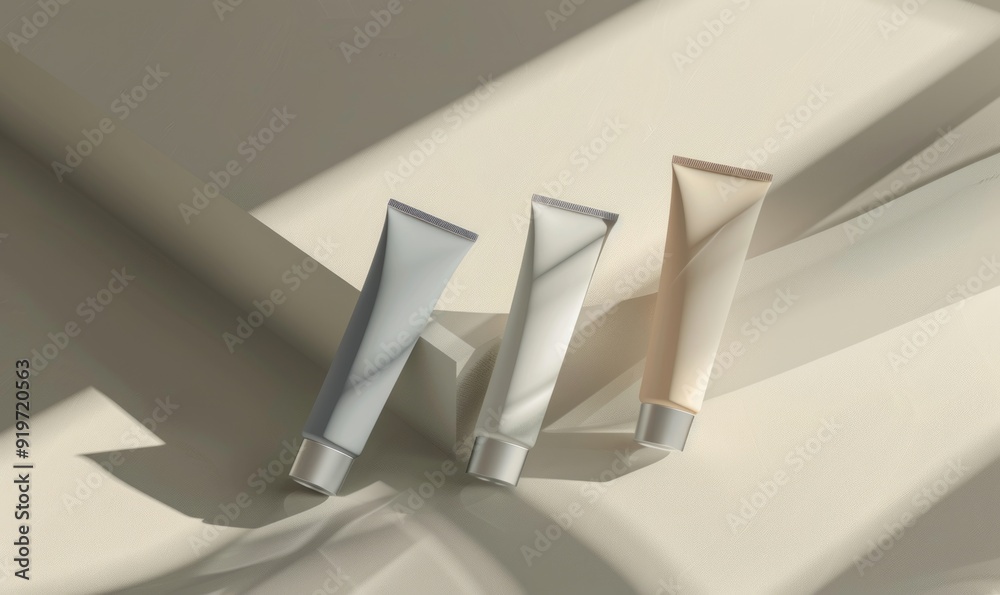 Skincare tubes with artistic shadow on neutral background Skincare tubes with artistic shadow on neutral background