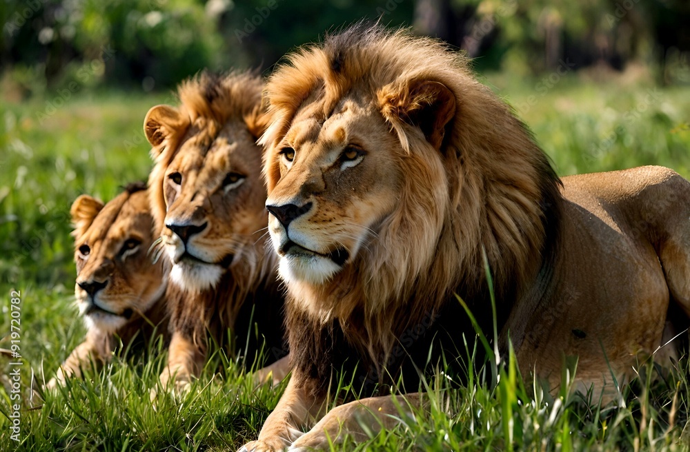 Herd of beautiful and dangerous lions sleeping in a green forest Herd of beautiful and dangerous lions sleeping in a green forest