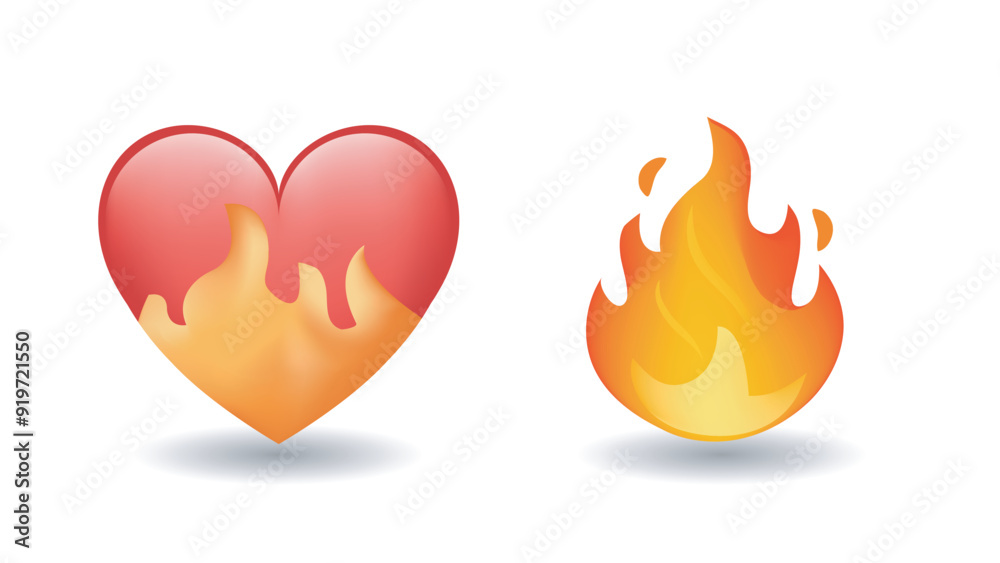 Heart on fire and fire flame emoji vector illustration set isolated on white background. 3d illustration. Heart on fire and fire flame emoji vector illustration set isolated on white background. 3d illustration.