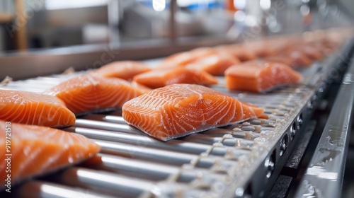 Fresh salmon fillets are placed in pieces on a conveyor belt in close-up.