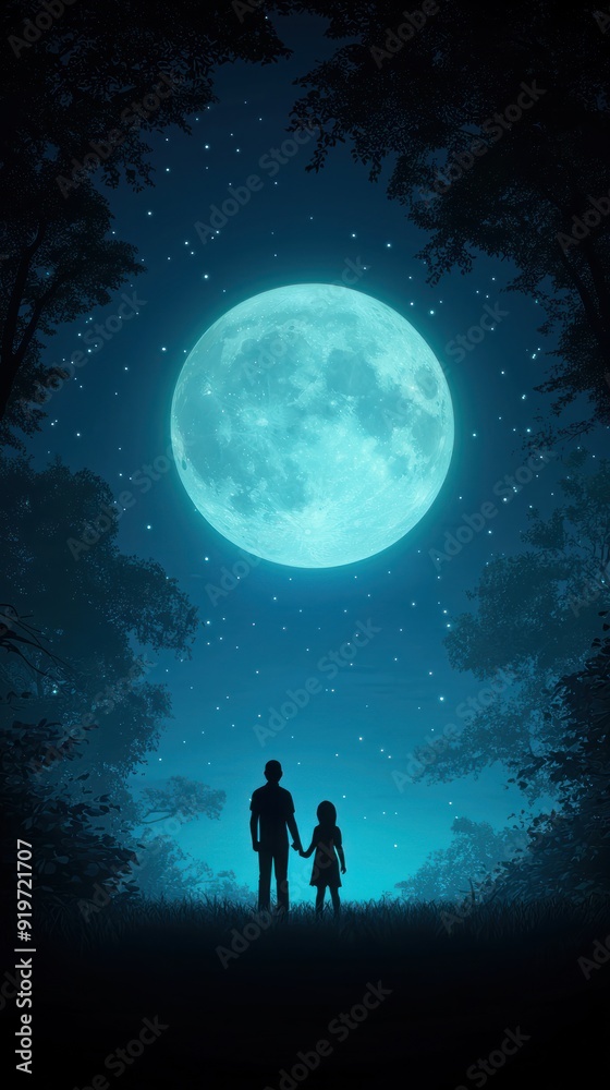 Fototapeta premium A serene night scene of a couple holding hands under a luminous moon, surrounded by dark silhouettes of trees.
