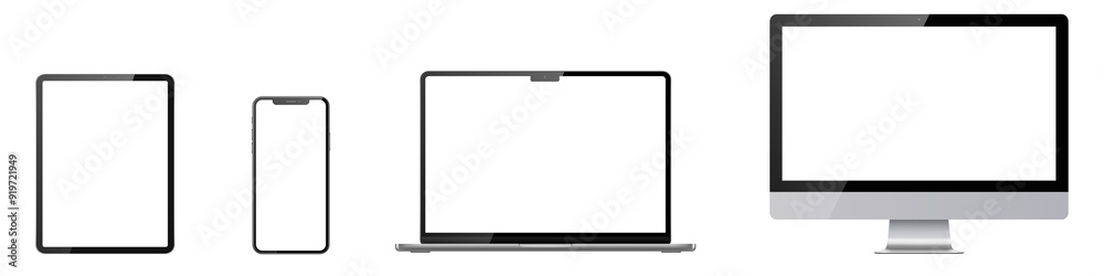 Realistic Set of realistic tablet, phone, monitor, laptop on a transparent background with white screen. Isolated Cutout Stock illustration. Realistic Set of realistic tablet, phone, monitor, laptop on a transparent background with white screen. Isolated Cutout Stock illustration.